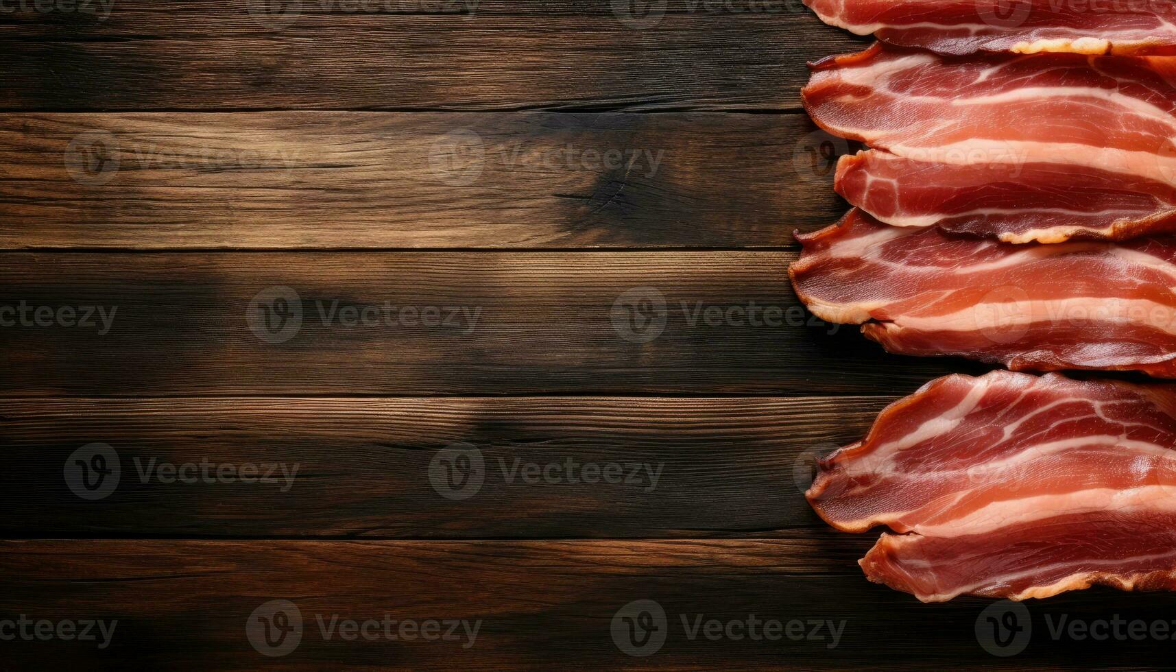 skivor av bacon på trä- tabell, topp se. Plats för text foto