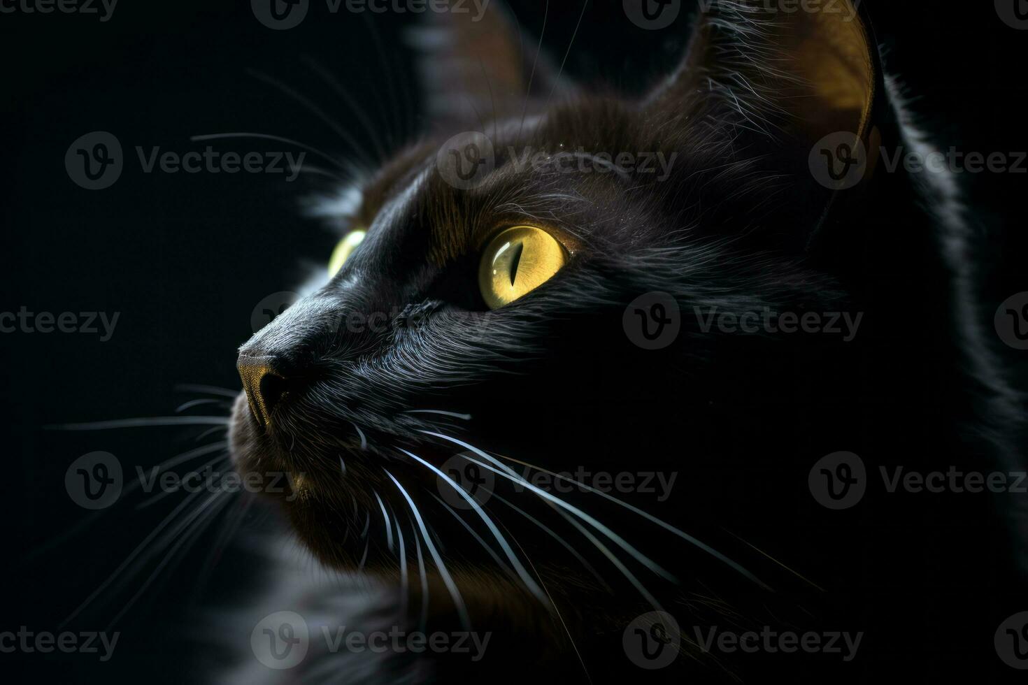 en svart katt med gul ögon på en mörk bakgrund generativ ai foto