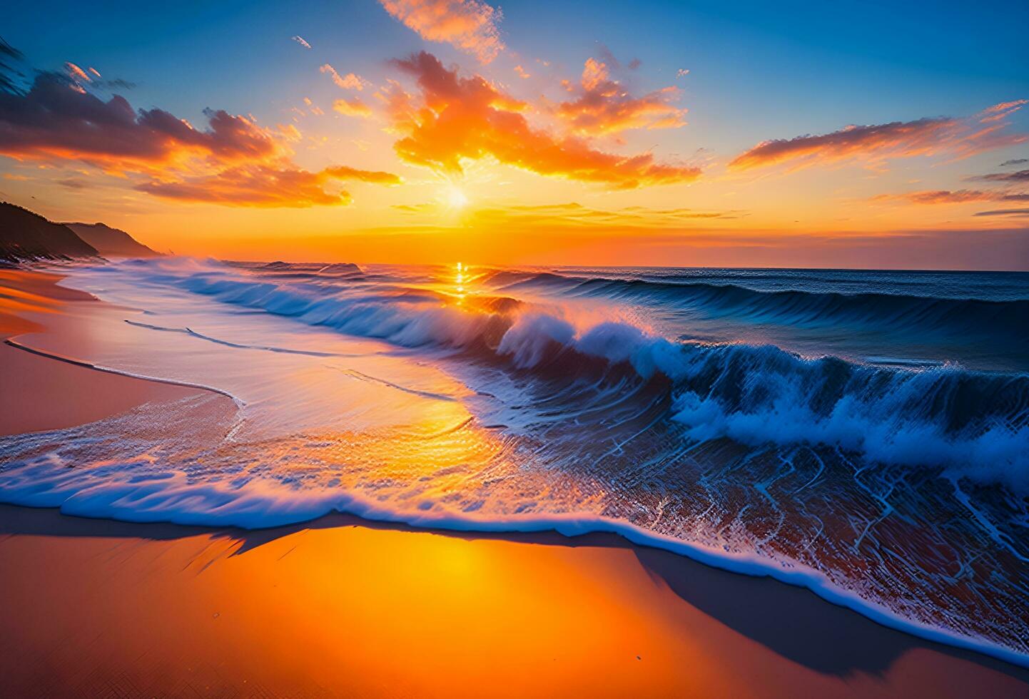 skön strand landskap på solnedgång. ai genererad foto