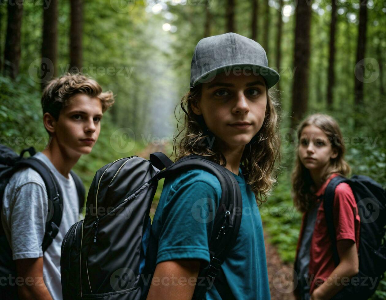 Foto grupp av Tonårs som en backpacker i de mörk trä, generativ ai
