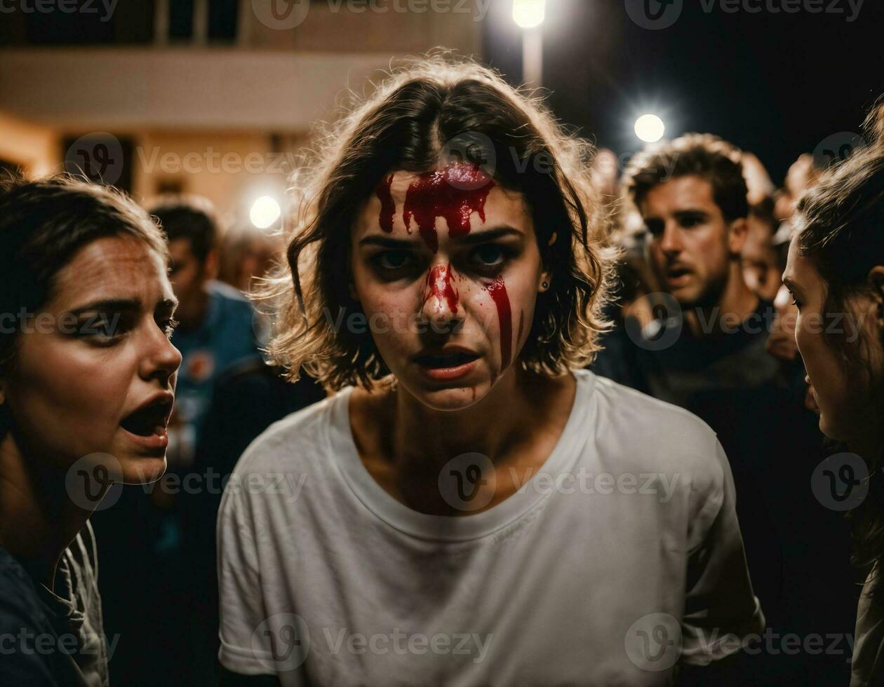 Foto grupp av rasa arg Tonårs högskola flicka stridande de Övrig med sår på ansikte, generativ ai