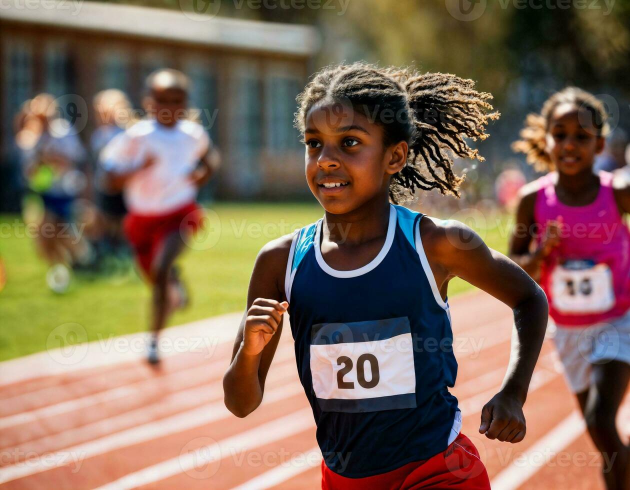 Foto av flicka barn löpning lopp sport på skola, generativ ai