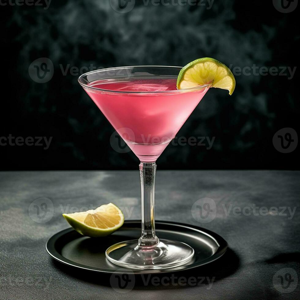 kosmopolitisk cocktail. närbild glas av kosmopolitisk cocktail garnerad med citron. foto