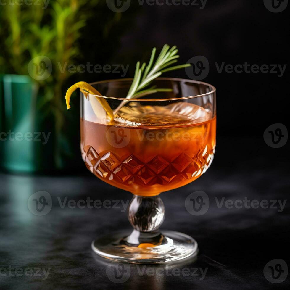 cocktail med orange och rosmarin på en svart bakgrund. foto