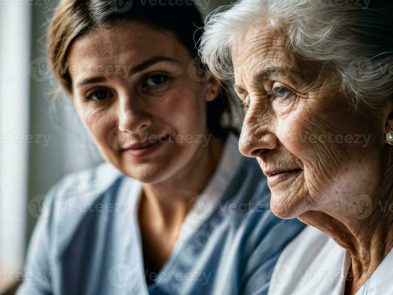 Foto av kvinna ta vård senior kvinna på Hem, generativ ai