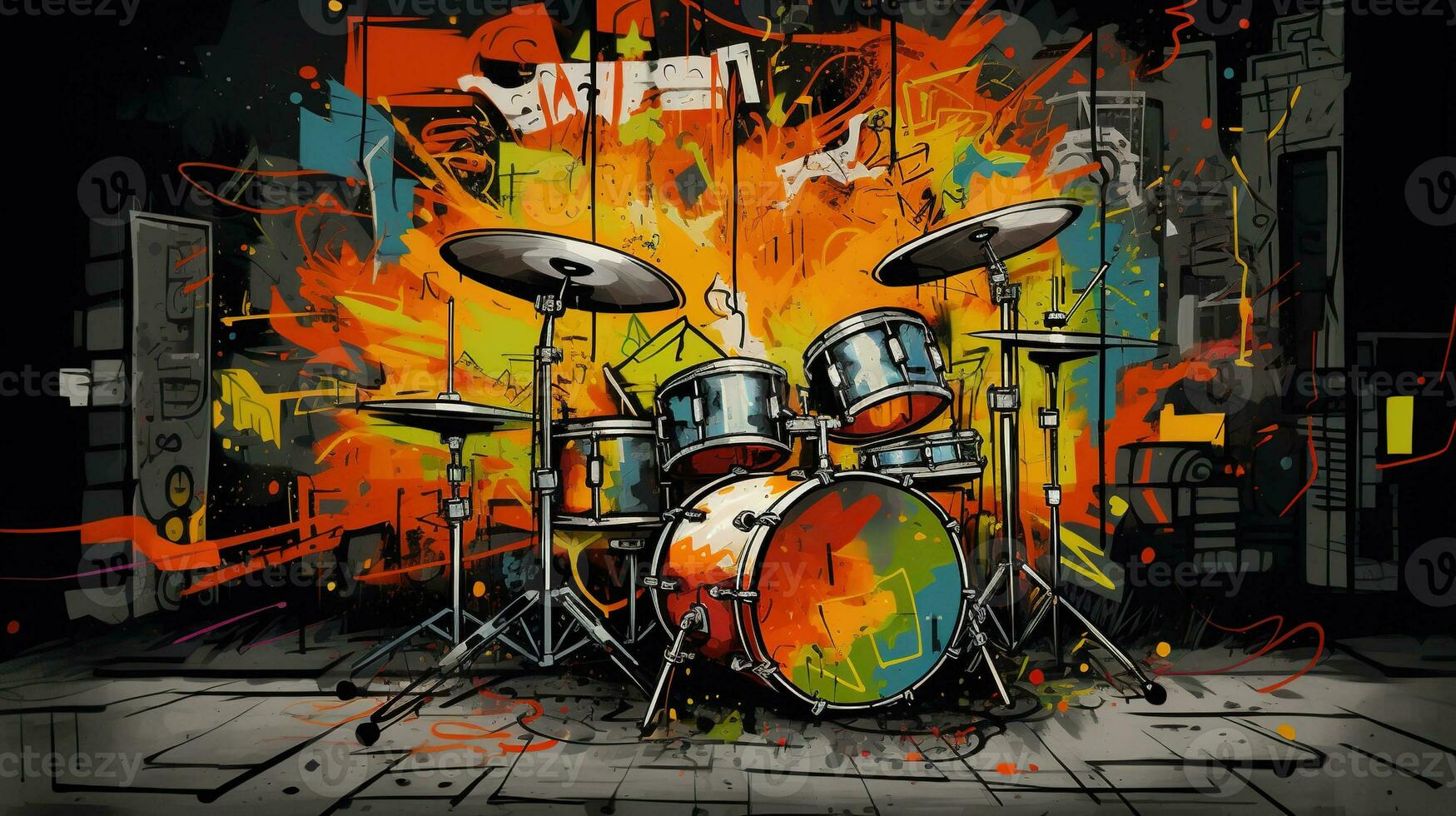 generativ ai, jazz musik gata konst med trummor musikalisk instrument silhuett. bläck färgrik graffiti konst på en texturerad vägg, duk bakgrund foto