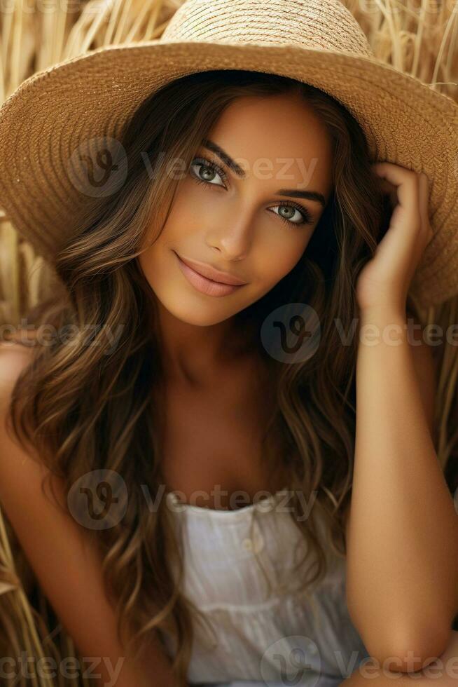 skön solbränd flicka vem lögner på en vete fält innehav sugrör hatt den där omslag henne kropp, hon utseende på kamera med allvarlig ansikte. ai genererad foto