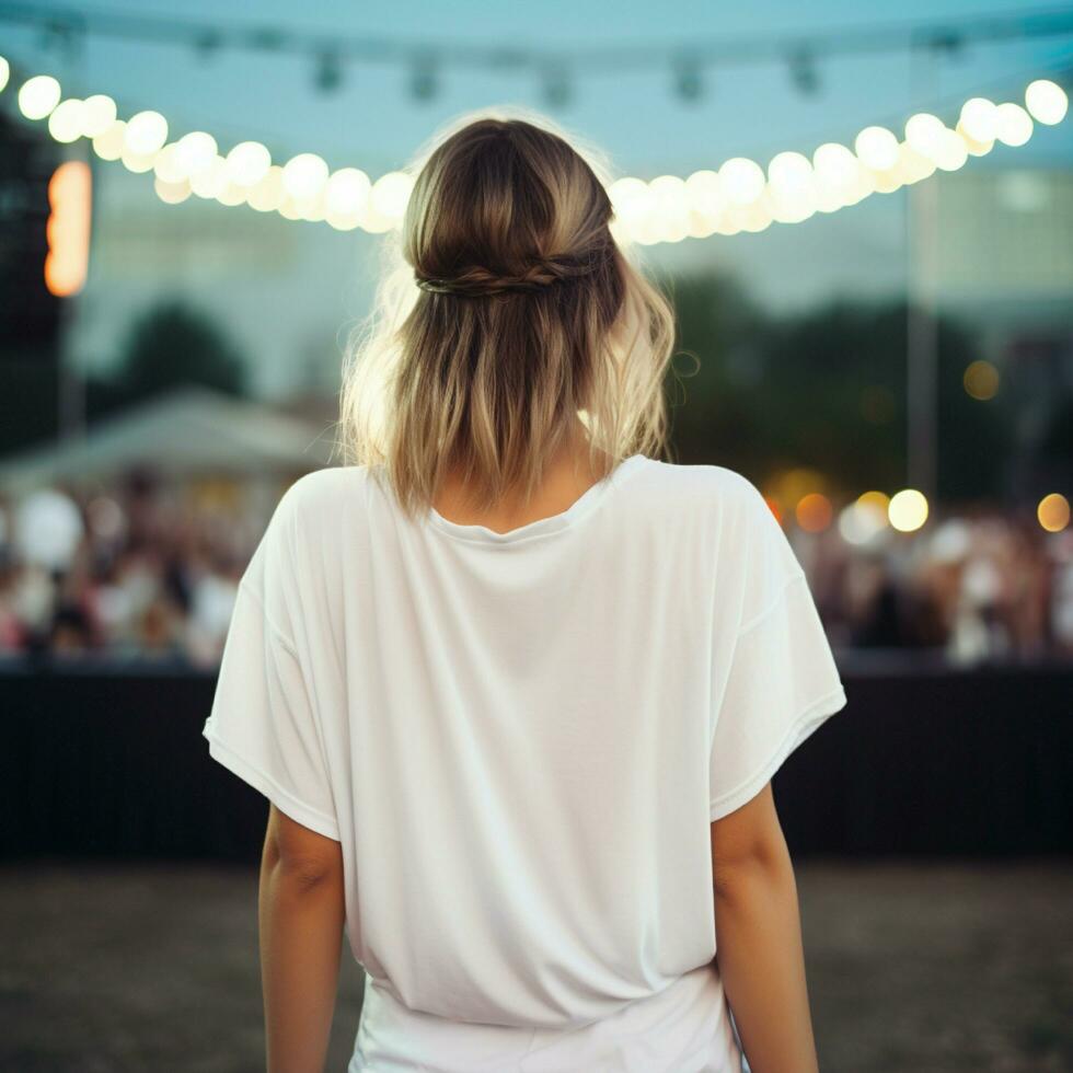 ai genererad flicka modell bär vit oversize t - skjorta. musik konsert se. tillbaka se. modern stil foto