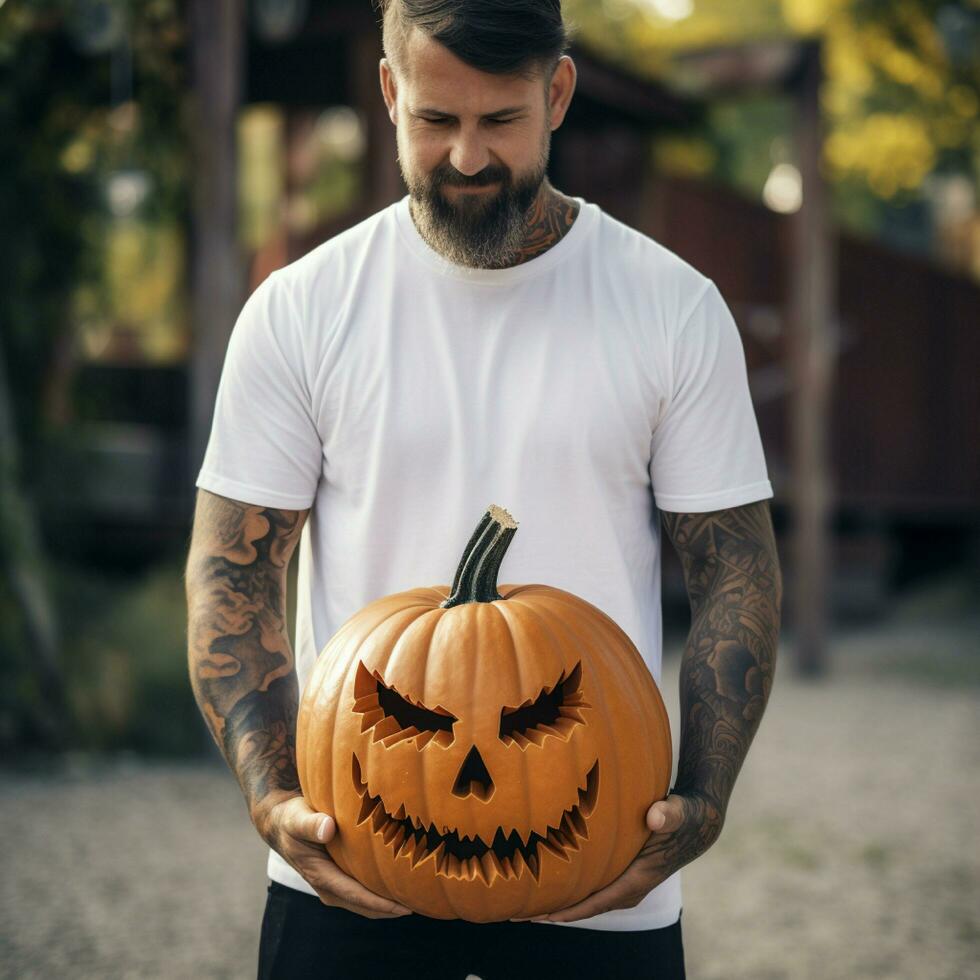 ai generativ Foto av en man innehav halloween pumpa i hand, bär en enkel vit t-shirt