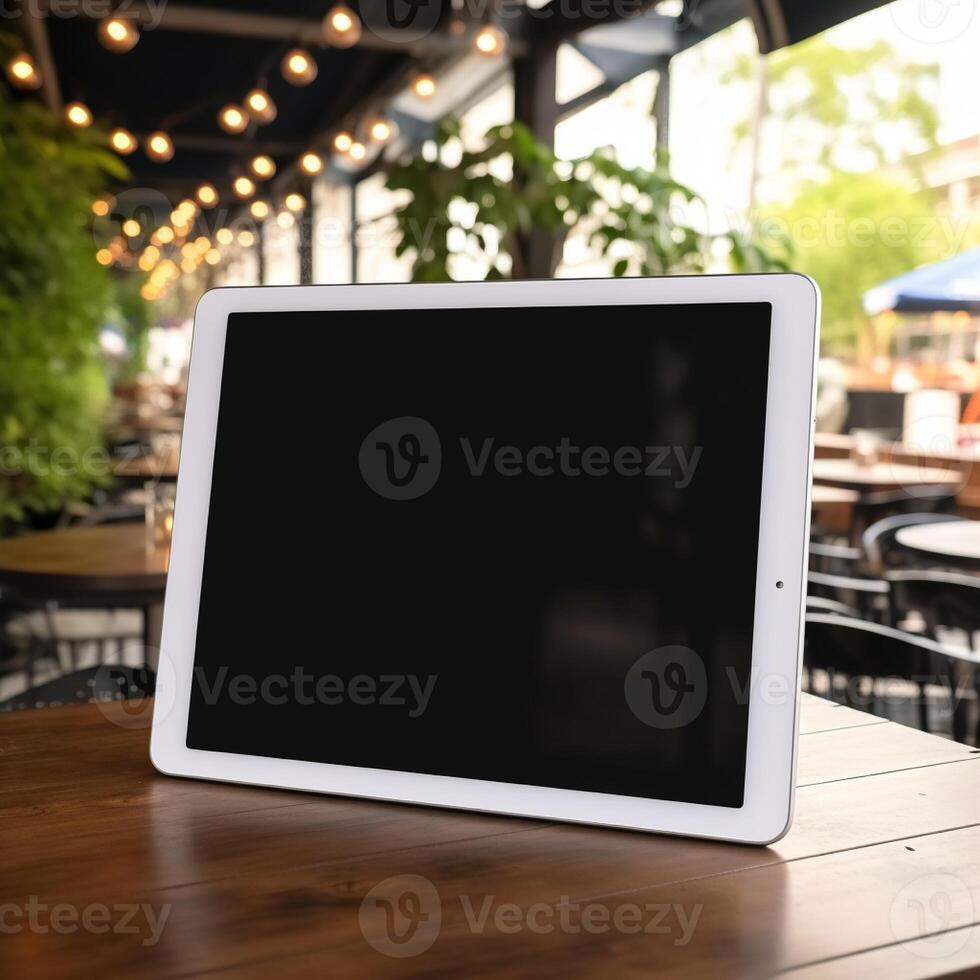 ai generativ hög kvalitet Foto av stor läsplatta med tom skärm på de tabell, perfekt till skapa attrapp förhandsvisning