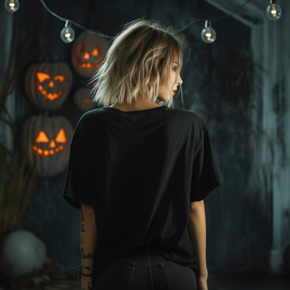 ai genererad flicka modell bär svart oversize t - skjorta. halloween tema. tillbaka se. modern stil foto