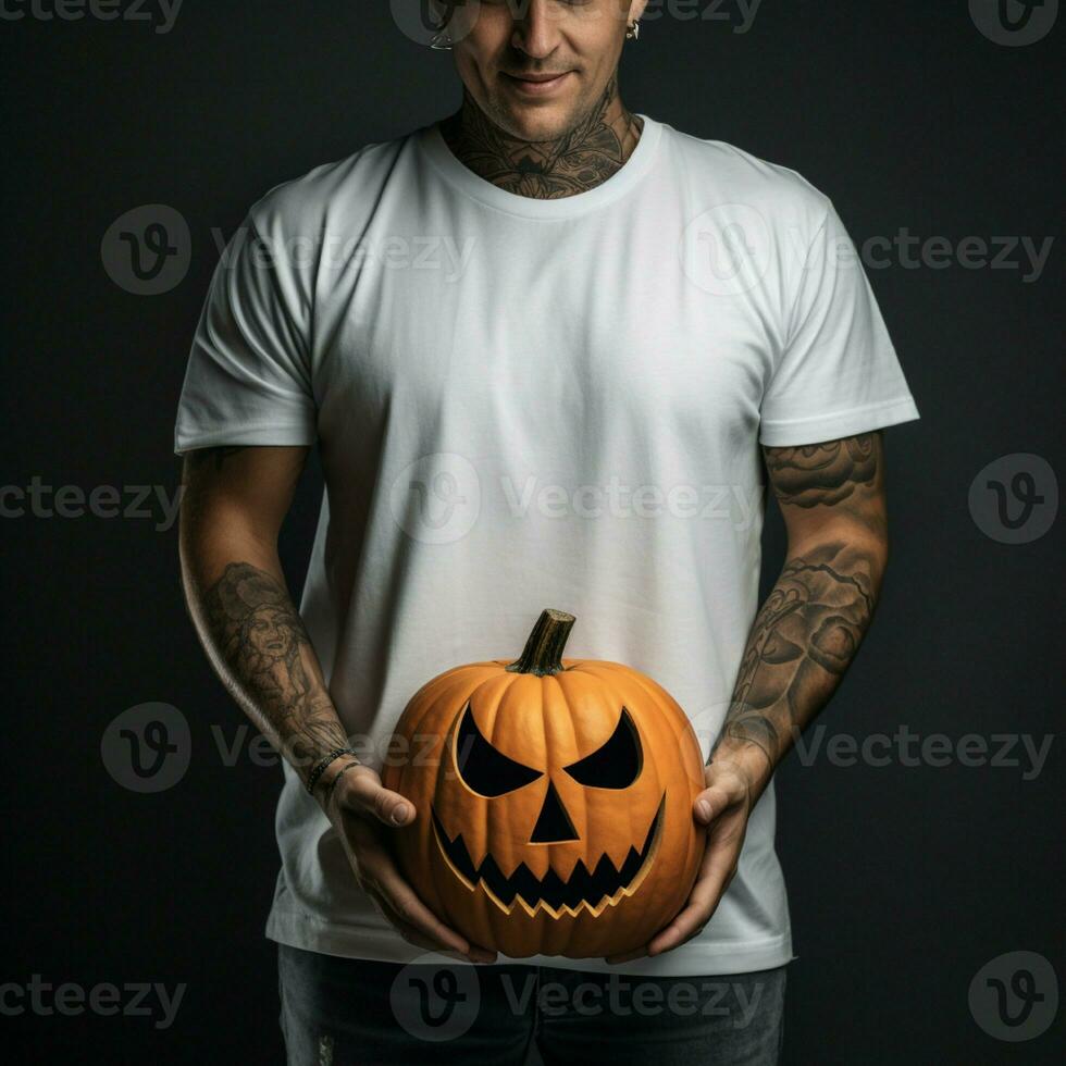 ai generativ Foto av en man innehav halloween pumpa i hand, bär en enkel vit t-shirt