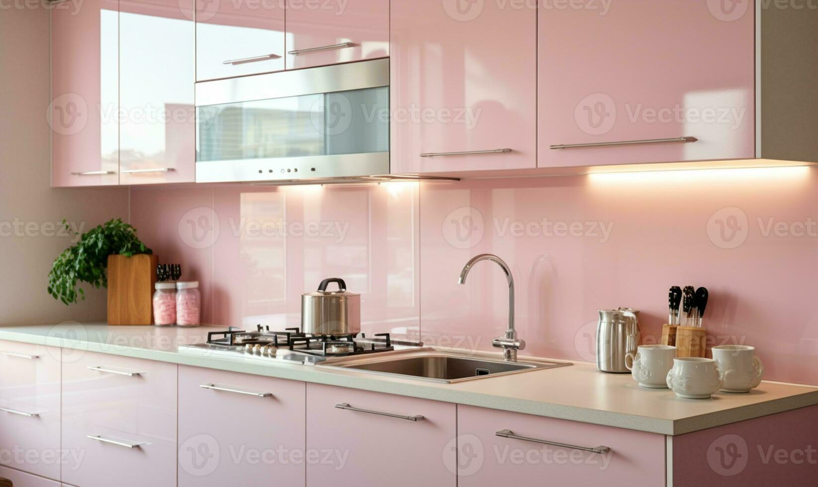 en modern kök med en rosa Färg schema. ai genererad foto