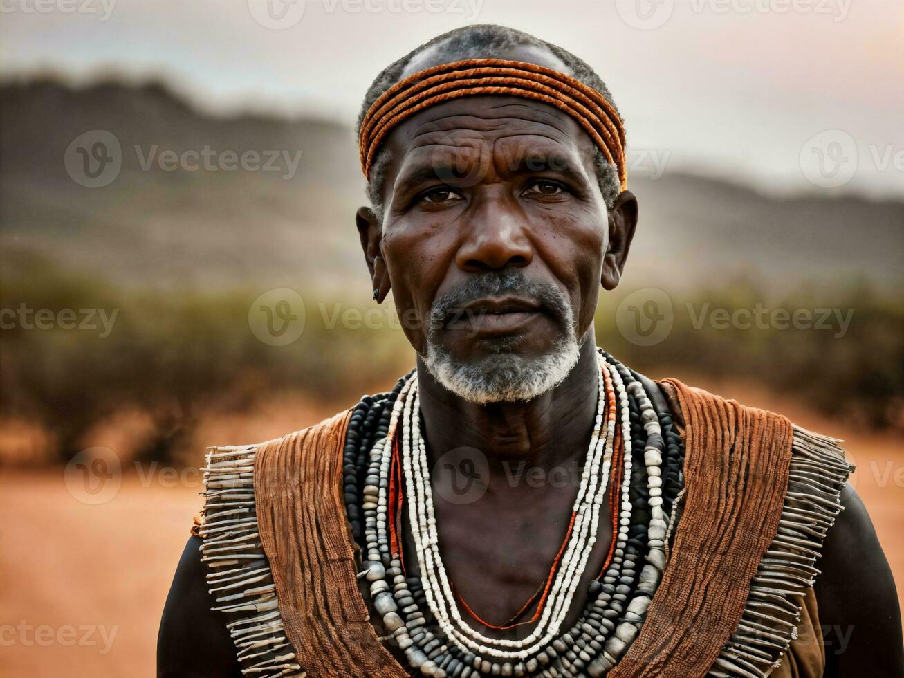 Foto av afrikansk gammal människor stam- krigare med rustning, generativ ai