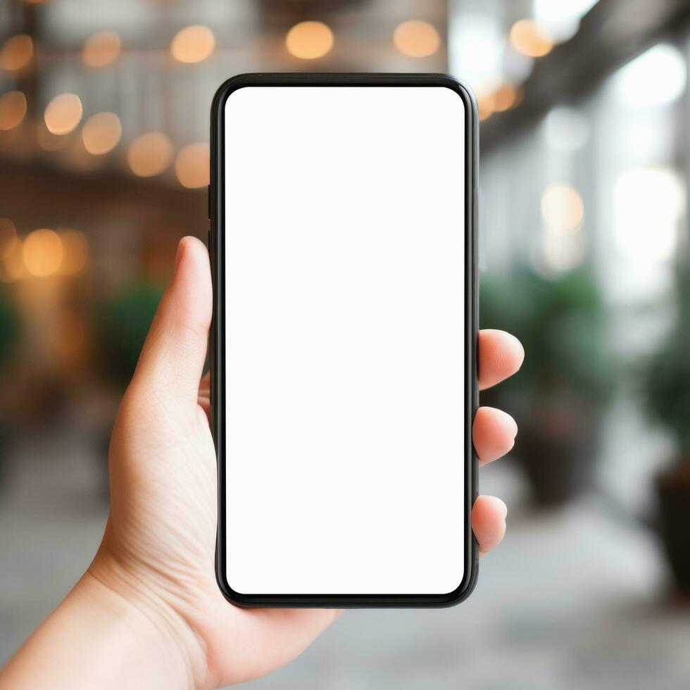 hand innehav de svart smartphone med tom skärm, ai generativ. foto