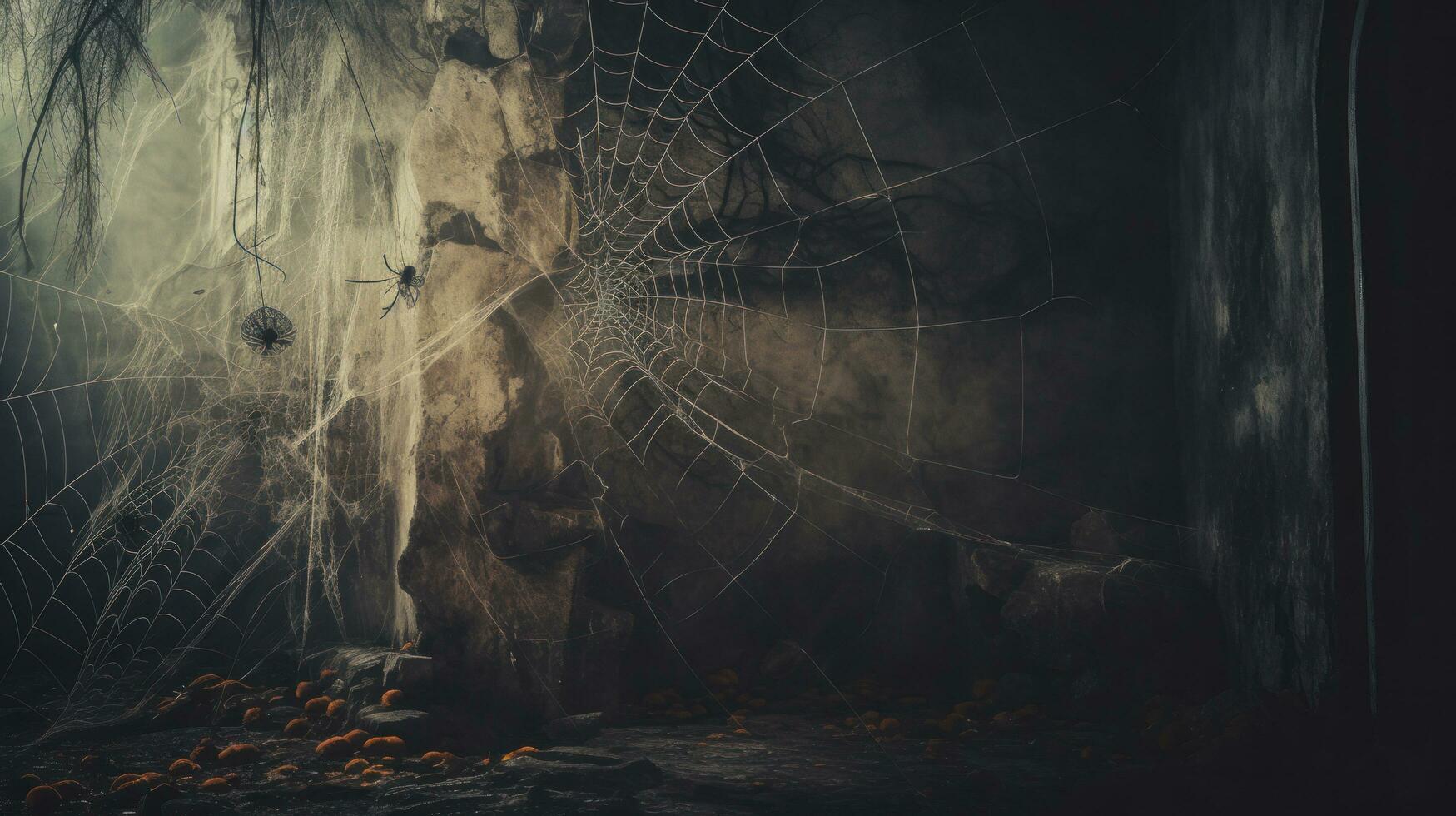 gammal Spindel webb på hörn av övergiven hus och spöke pumpa, halloween begrepp, förbi ai generativ. foto