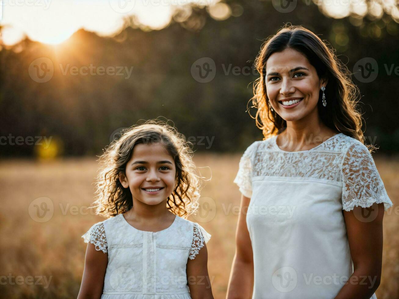 Foto av Lycklig familj mor och dotter, generativ ai