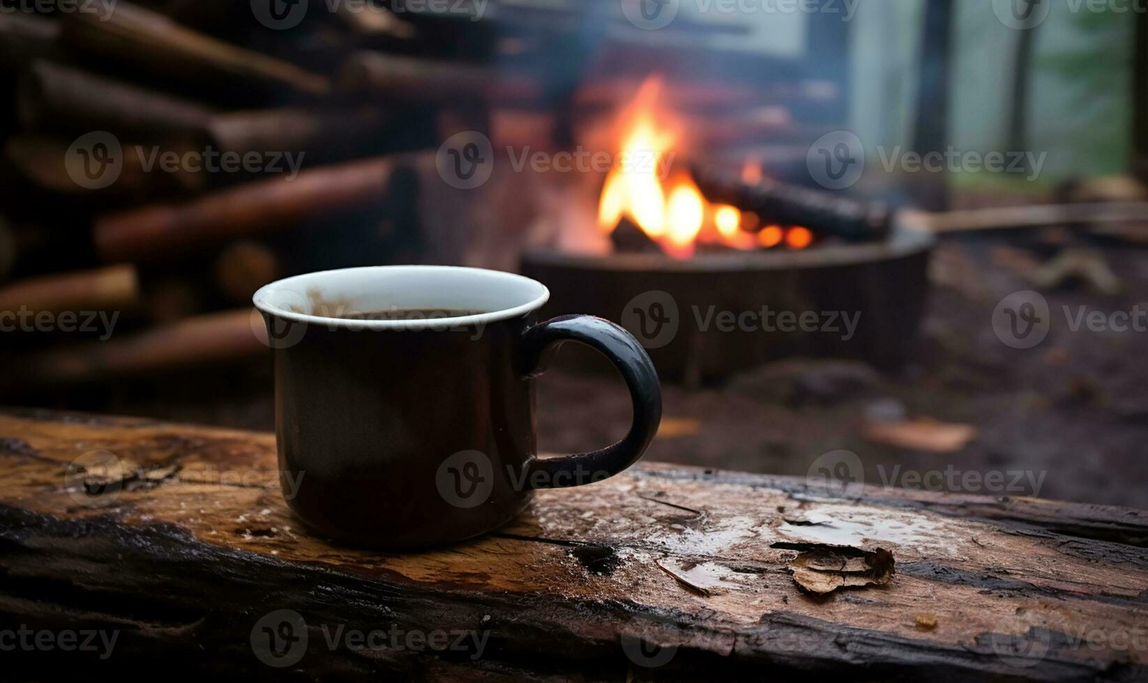 emalj kopp av varm ångande kaffe Sammanträde på ett gammal logga. ai genererad foto