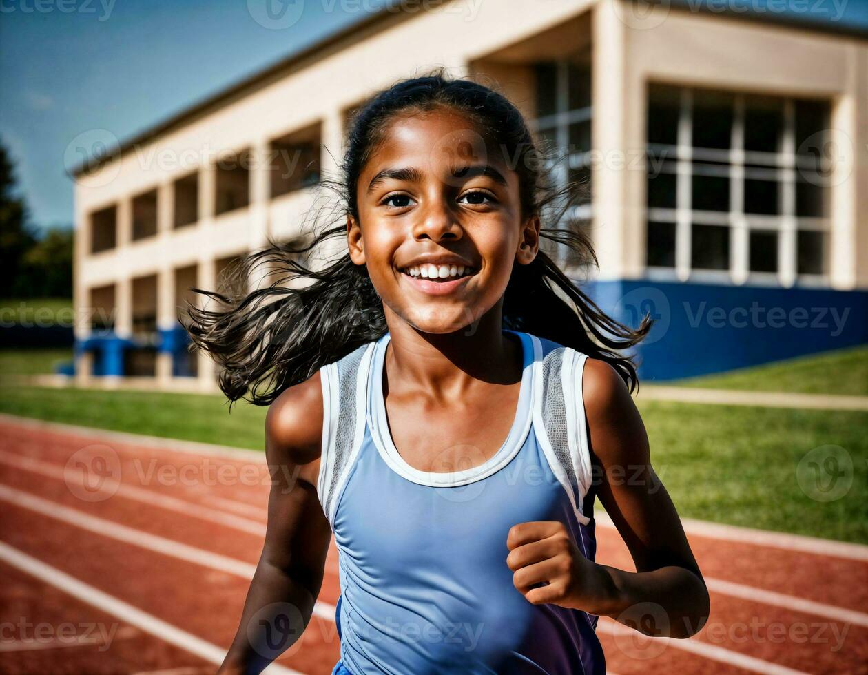 Foto av flicka barn löpning lopp sport på skola, generativ ai