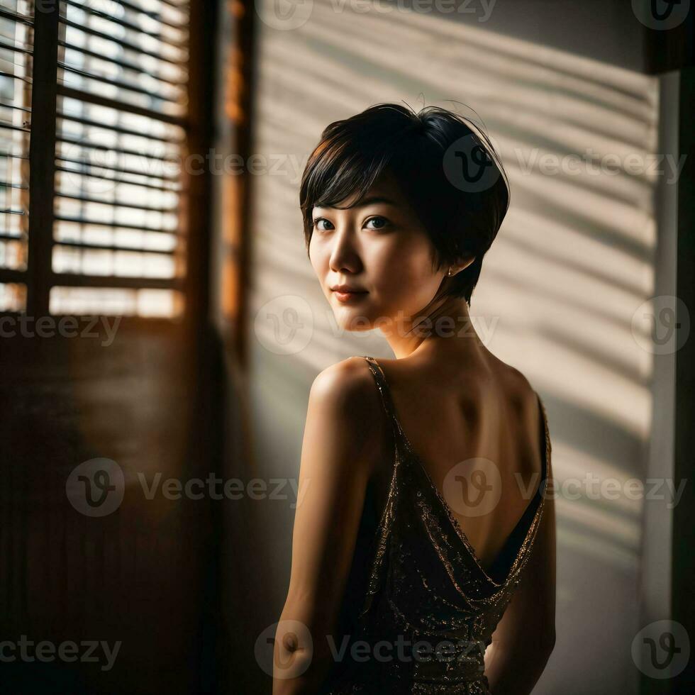 Foto av skön japansk asiatisk kvinna med kort hår, generativ ai