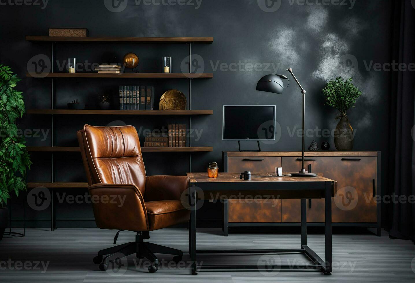 modern arbetsplats med bekväm stol i eleganta Hem kontor interiör. skapas med generativ ai foto
