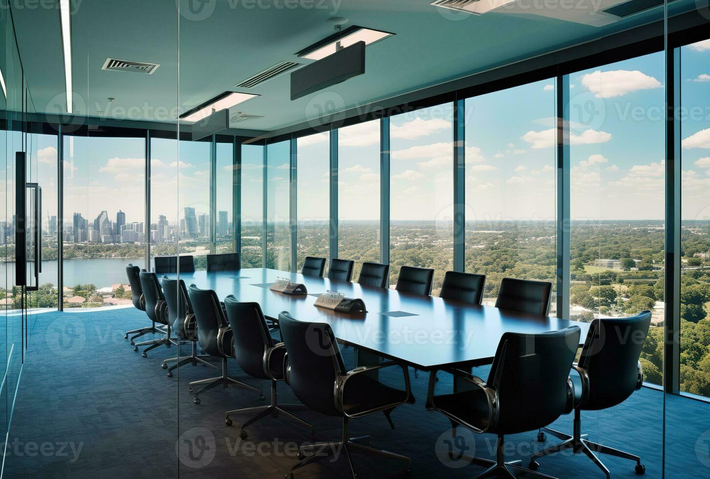 modern kontor möte rum interiör med glas fönster. skapas med generativ ai foto