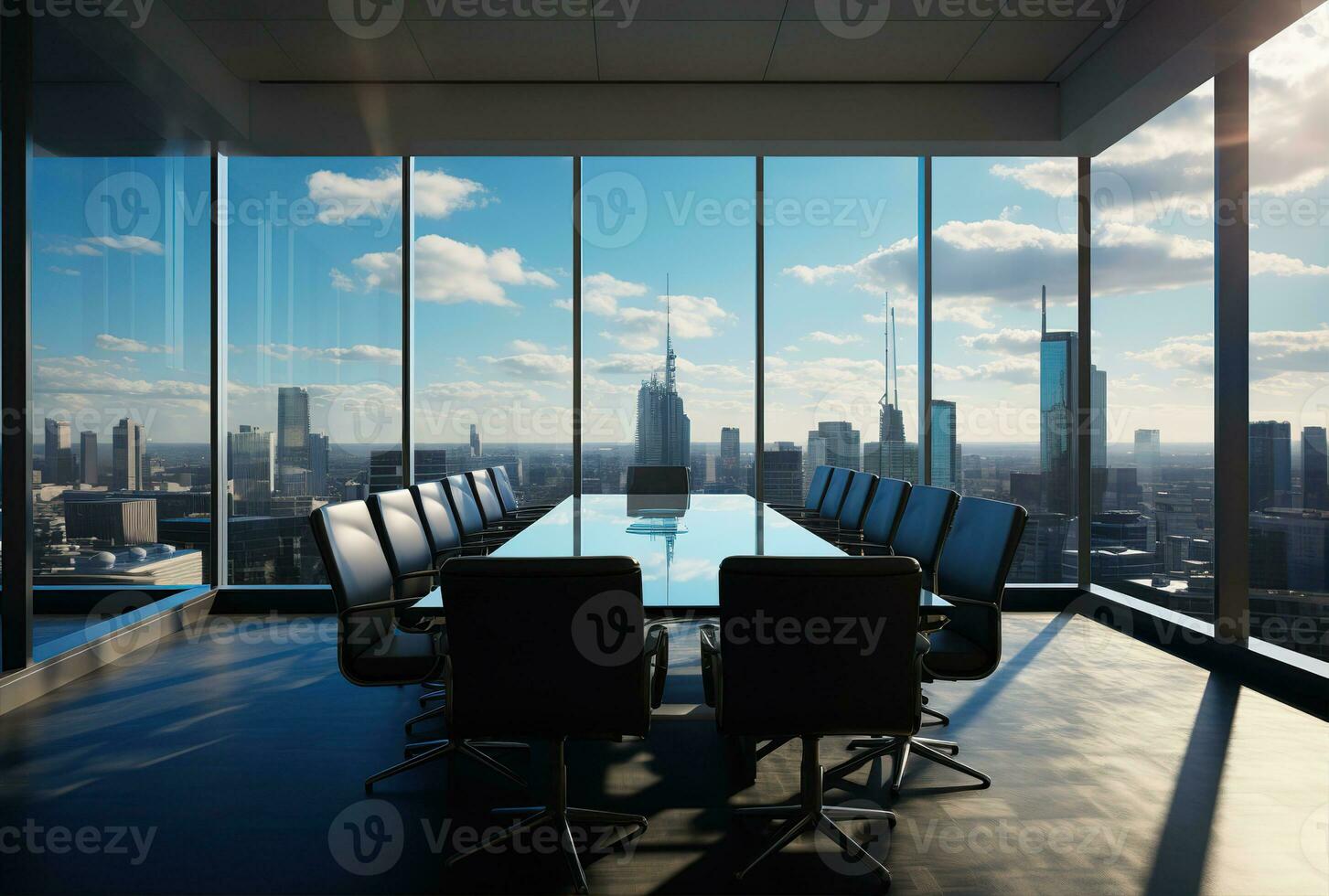 modern kontor möte rum interiör med glas fönster. skapas med generativ ai foto