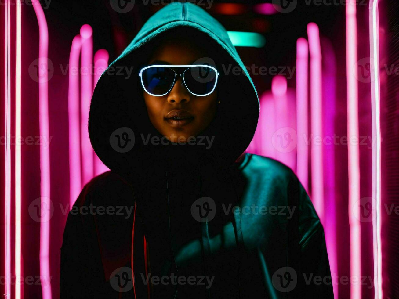 Foto av svart kvinna i svart luvtröja i server data Centrum rum med neon ljus, generativ ai