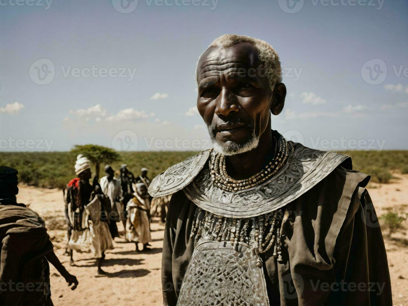 Foto av afrikansk gammal människor stam- krigare med rustning, generativ ai