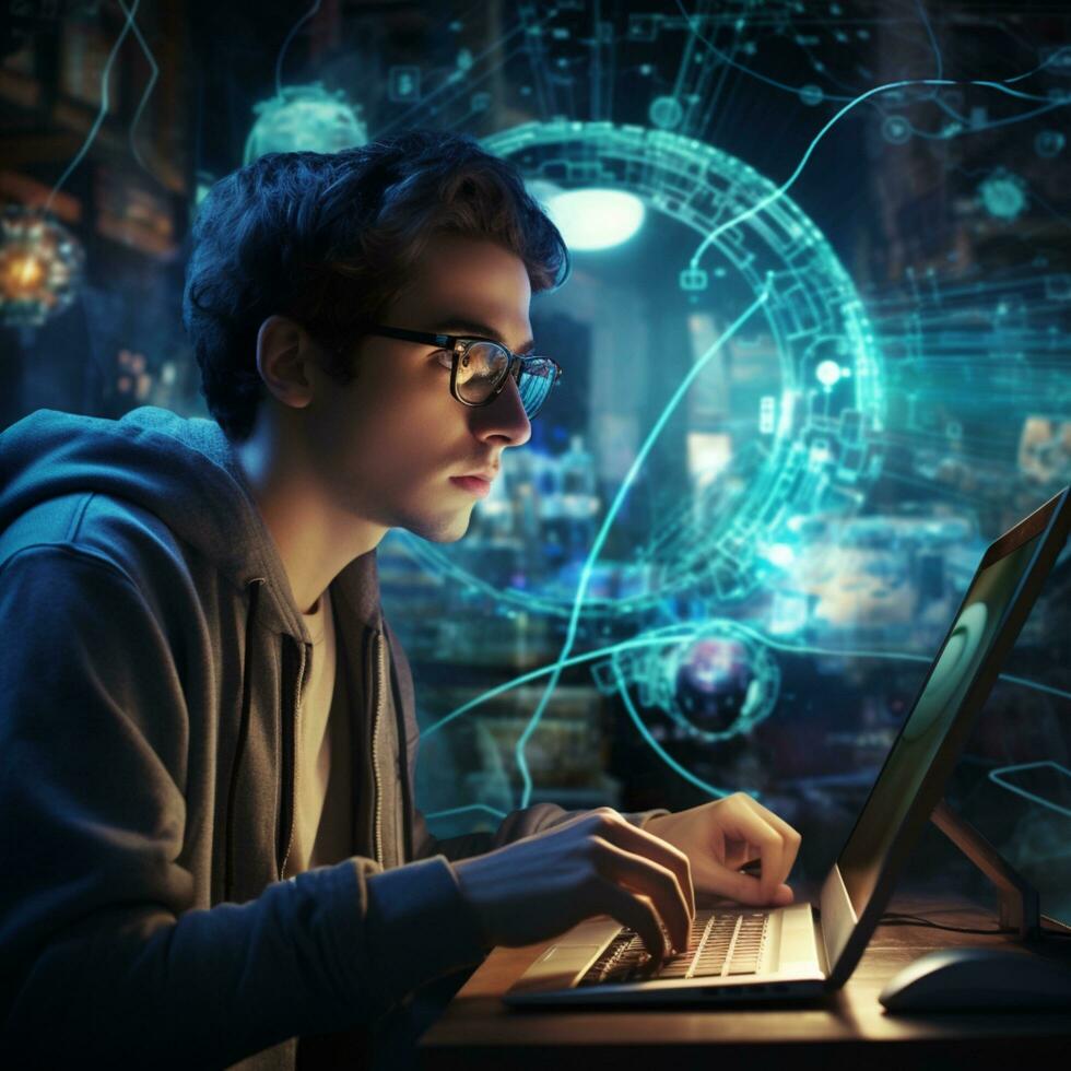 ung man arbetssätt med bärbar dator och hög teknologi foto