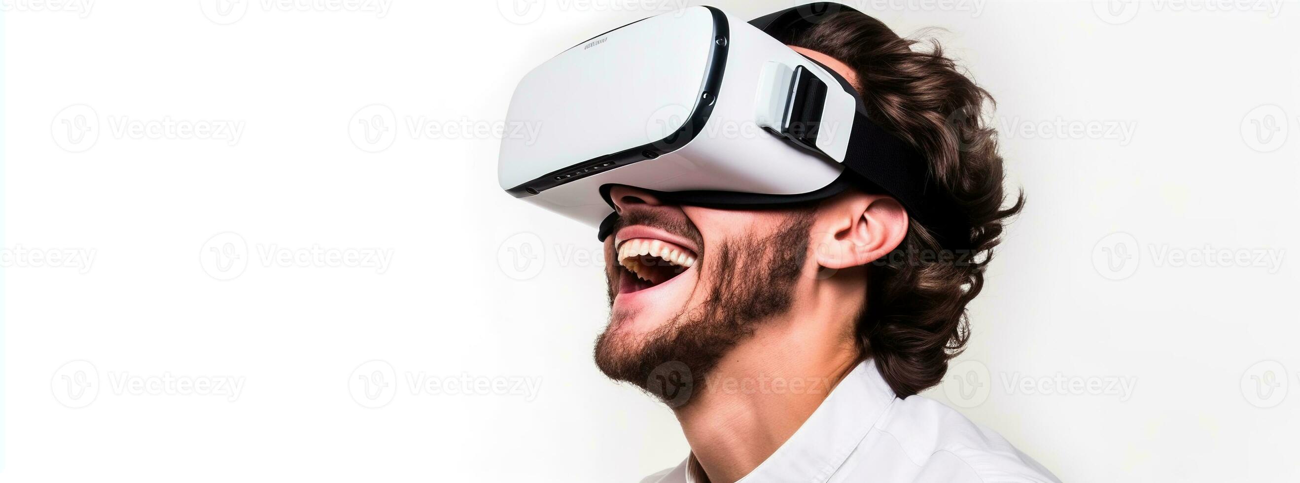 illustration av en person bär en virtuell verklighet vr headset, ai genererad. foto