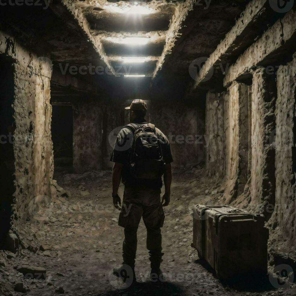 efterlevande människor på apokalyps värld i underjordisk källare bunkra , generativ ai foto