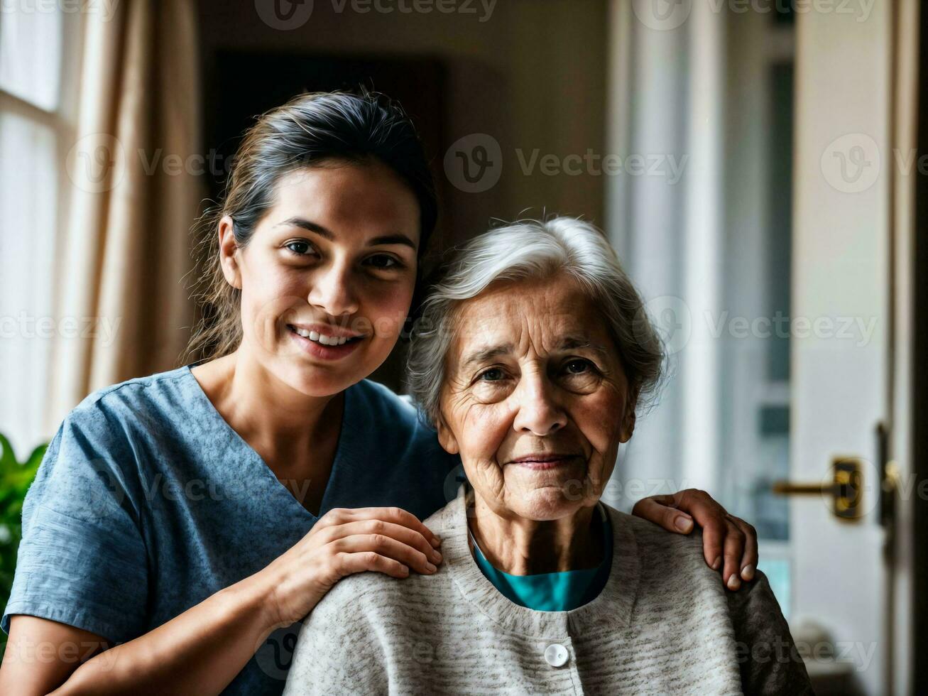 Foto av kvinna ta vård senior kvinna på Hem, generativ ai