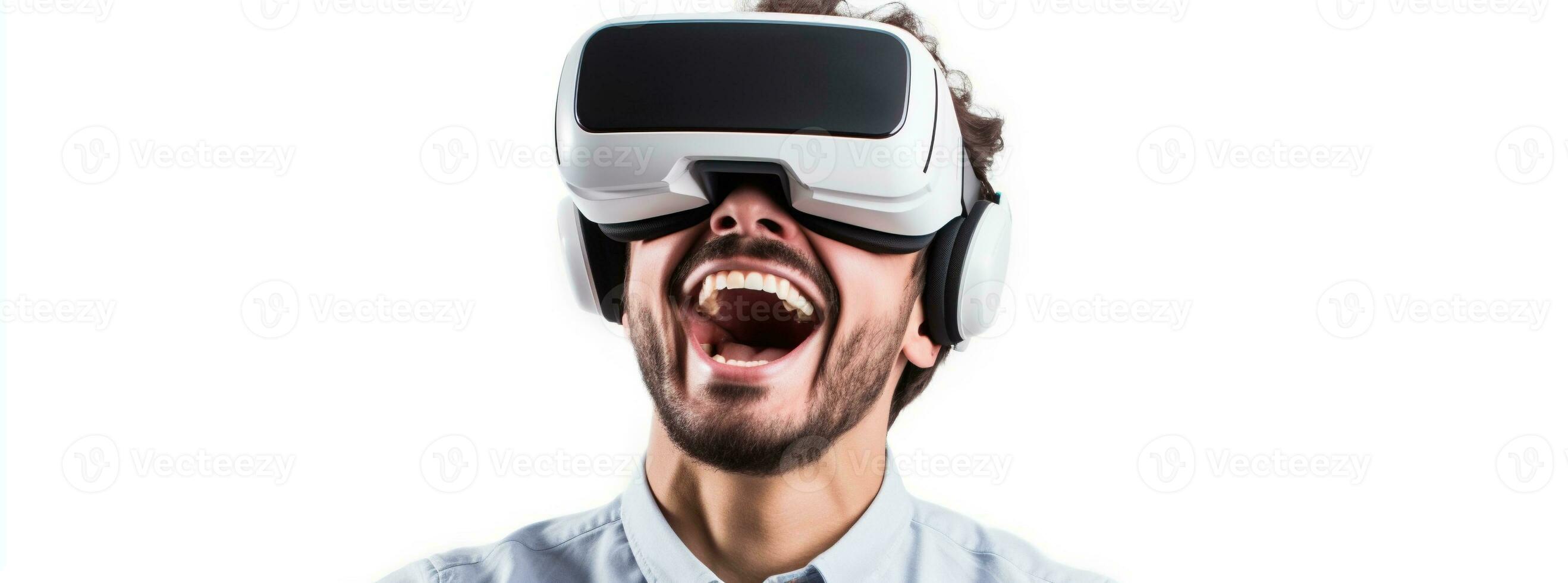 illustration av en person bär en virtuell verklighet vr headset, ai genererad. foto