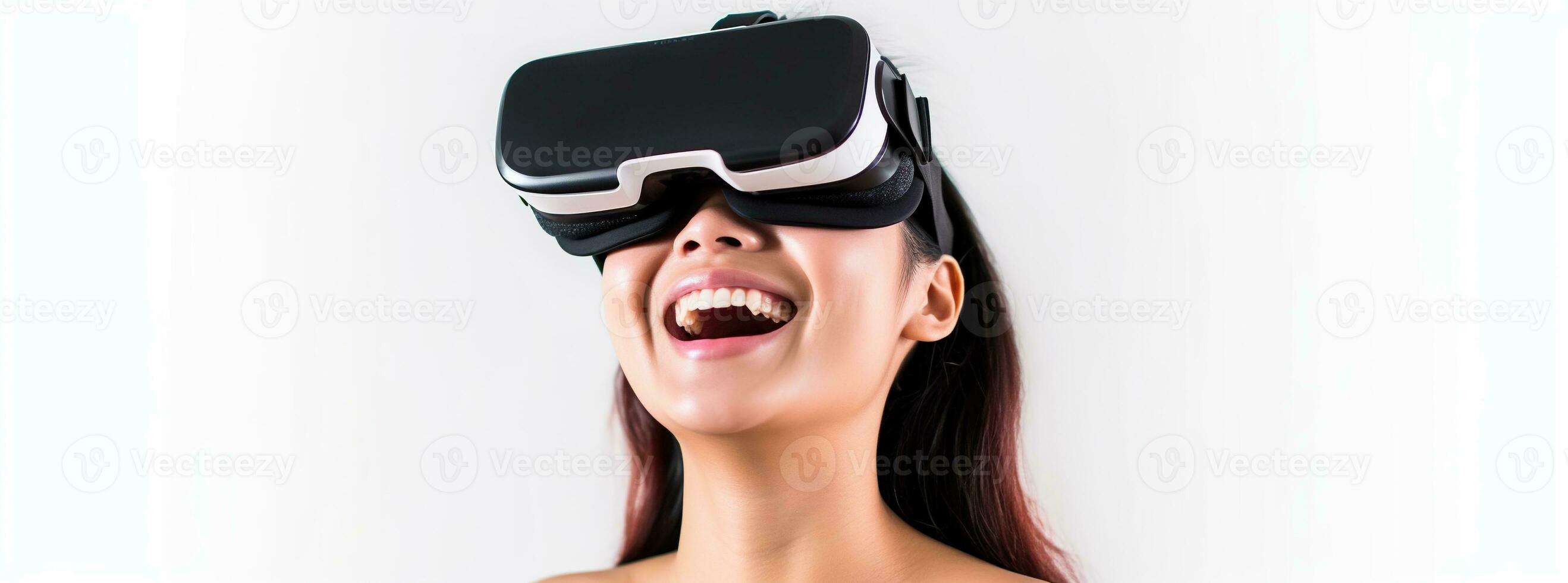 illustration av en person bär en virtuell verklighet vr headset, ai genererad. foto