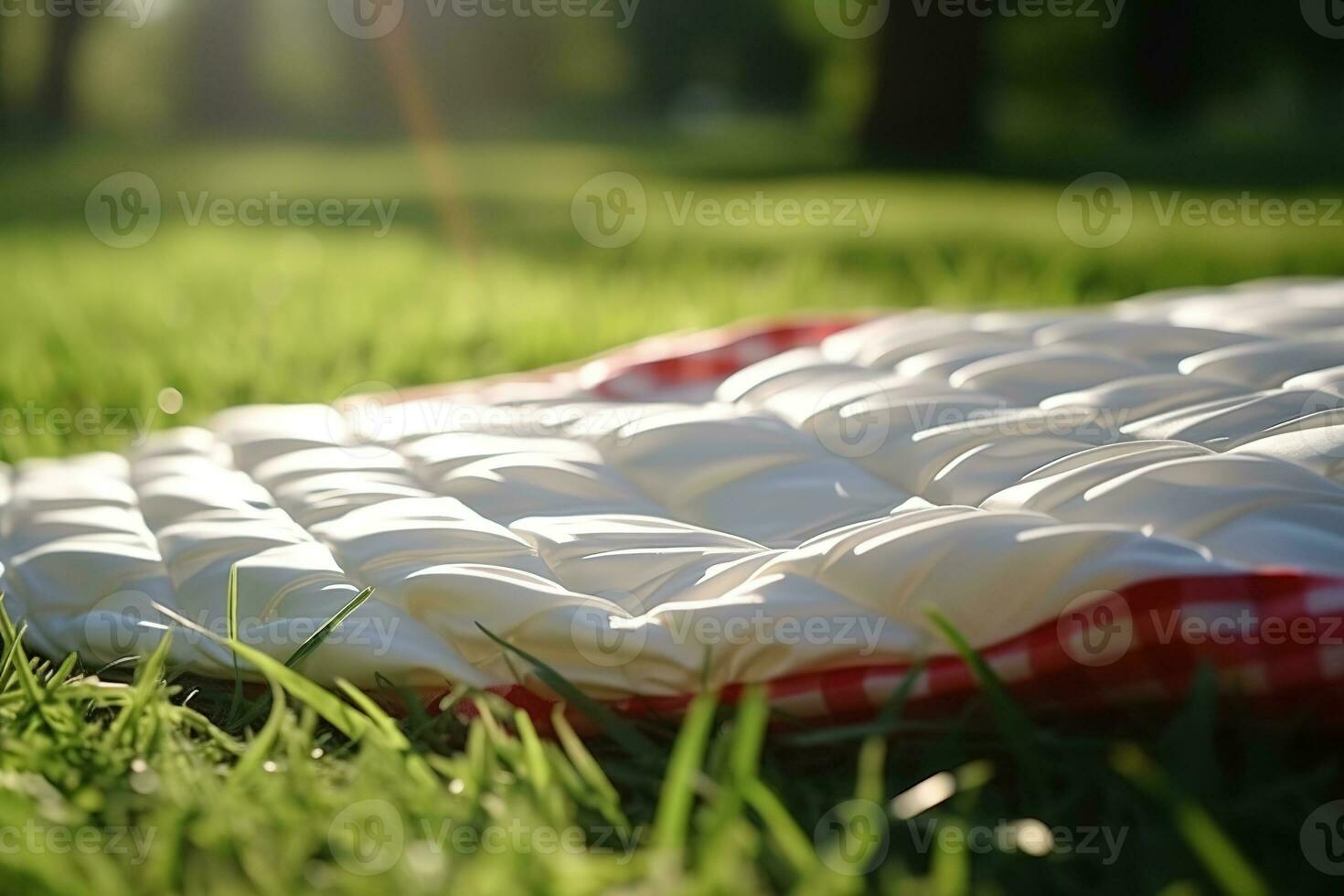 röd och vit pläd picknick filt på topp av en grön fält i solig dag på gräs av gräsmatta i sommar parkera. suddig bakgrund. generativ ai foto
