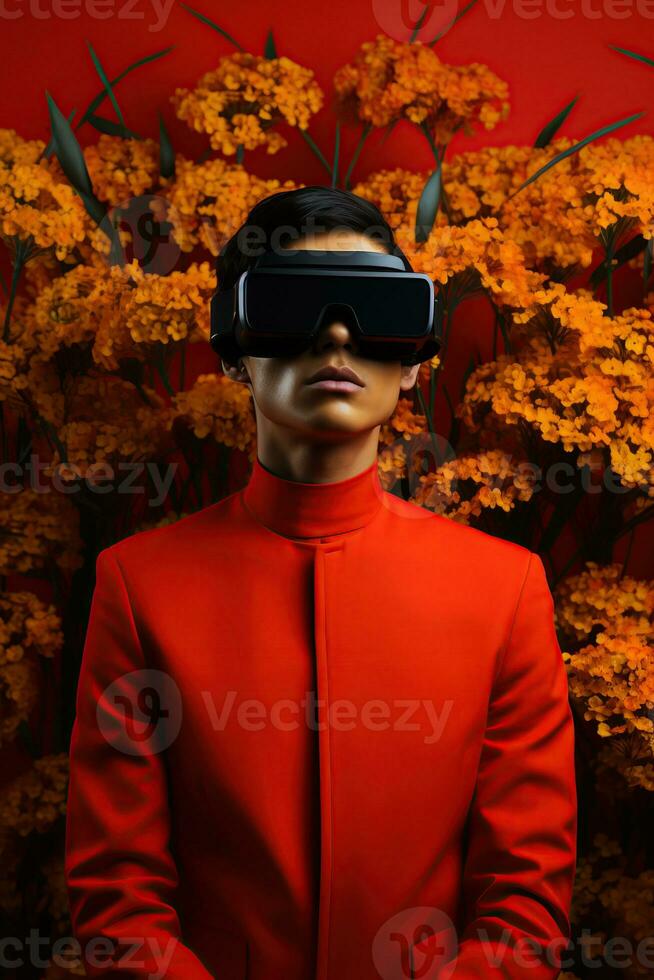 illustration av en mode porträtt bär en virtuell verklighet vr headset. ai genererad. foto