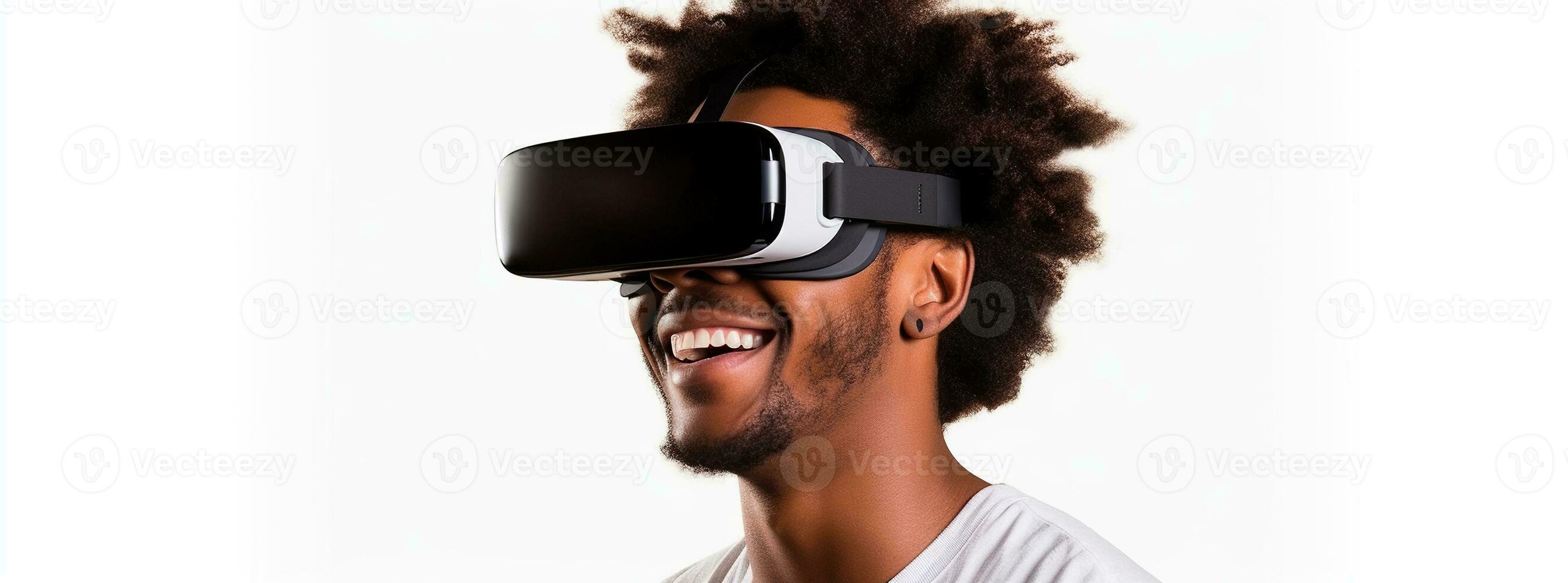 illustration av en person bär en virtuell verklighet vr headset, ai genererad. foto