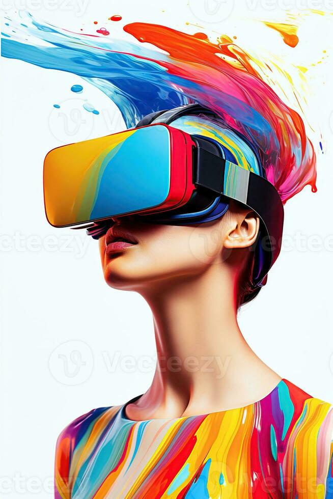 illustration av en mode porträtt bär en virtuell verklighet vr headset. ai genererad. foto