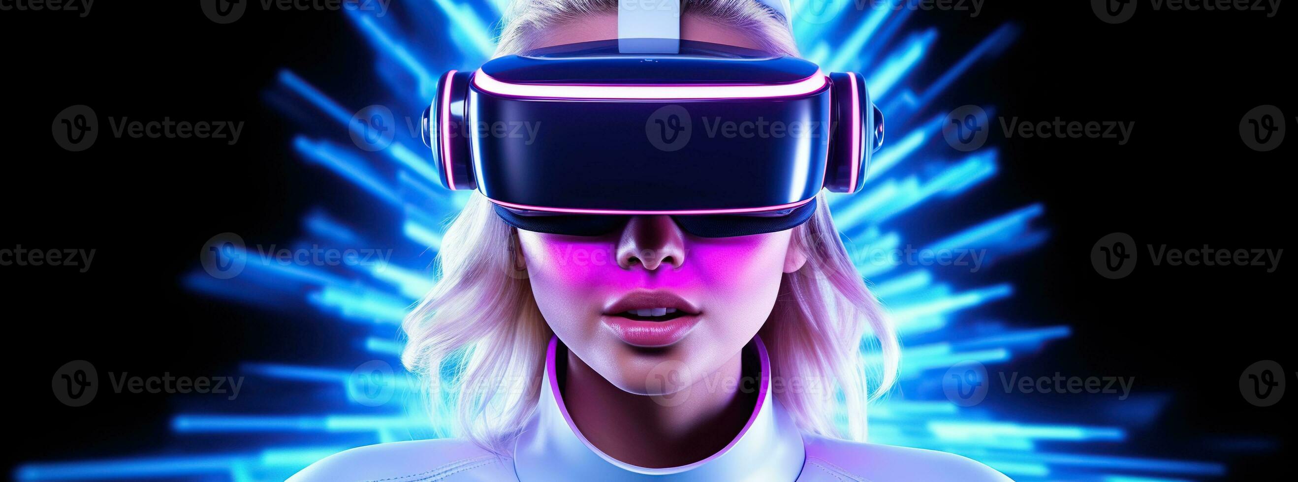 illustration av en person bär en virtuell verklighet vr headset, ai genererad. foto