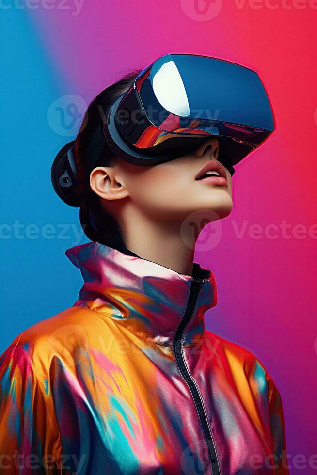 illustration av en mode porträtt bär en virtuell verklighet vr headset. ai genererad. foto