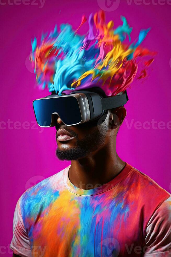 illustration av en mode porträtt bär en virtuell verklighet vr headset. ai genererad. foto