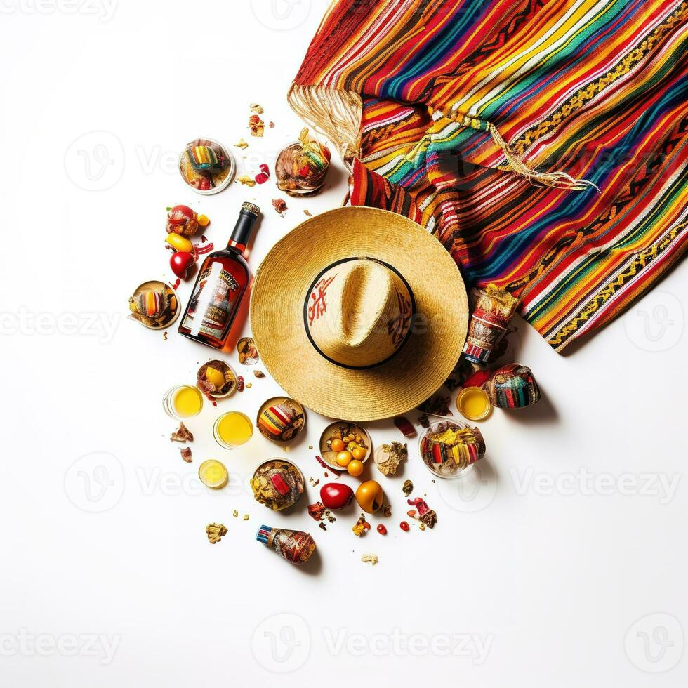 fira cinco de mayo med detta roligt och festlig topp vertikal se av en sombrero, poncho, och maracas, plus tequila skott, kalk kilar, chili paprikor på vit bakgrund med copyspace. generativ ai foto