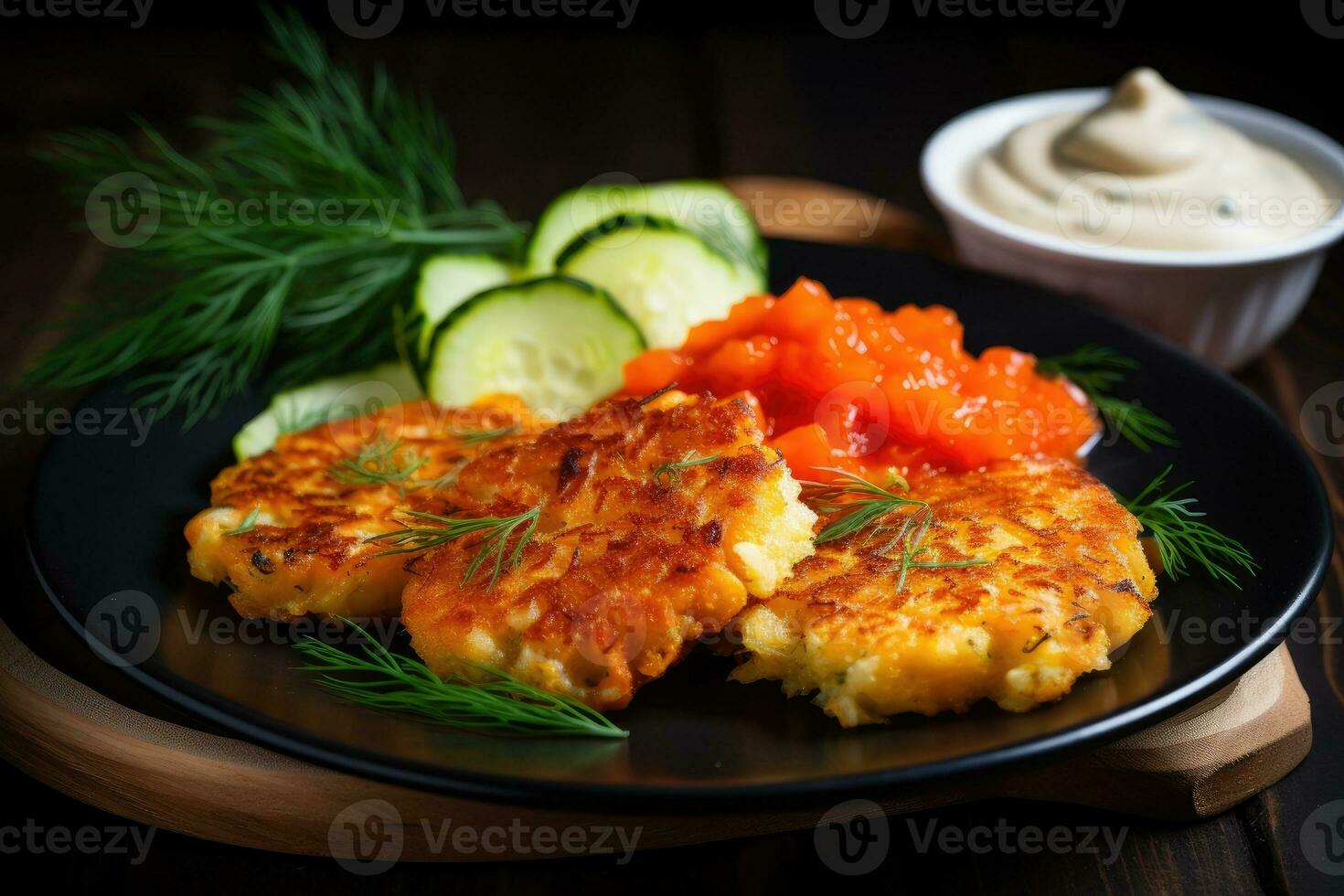 vegetabiliska pannkakor med ört dopp foto