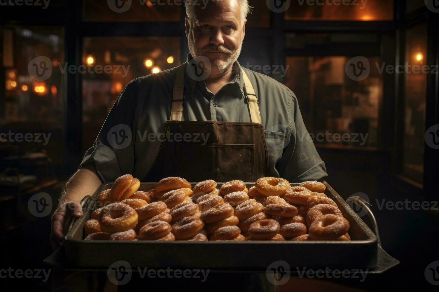 bagare innehav en bricka full av bröd inuti en bageri foto