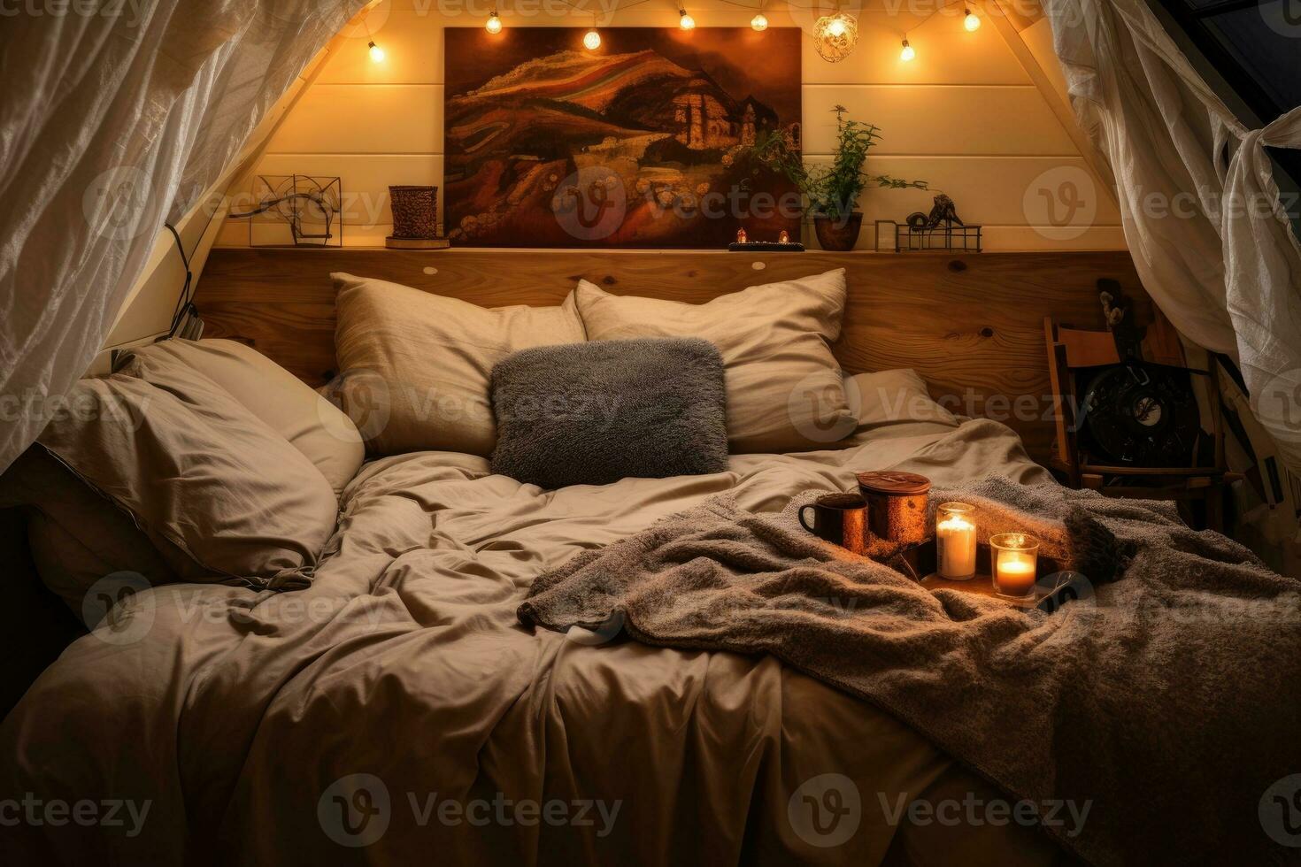 dubbel- säng med täcke och kuddar och dekorer. foto