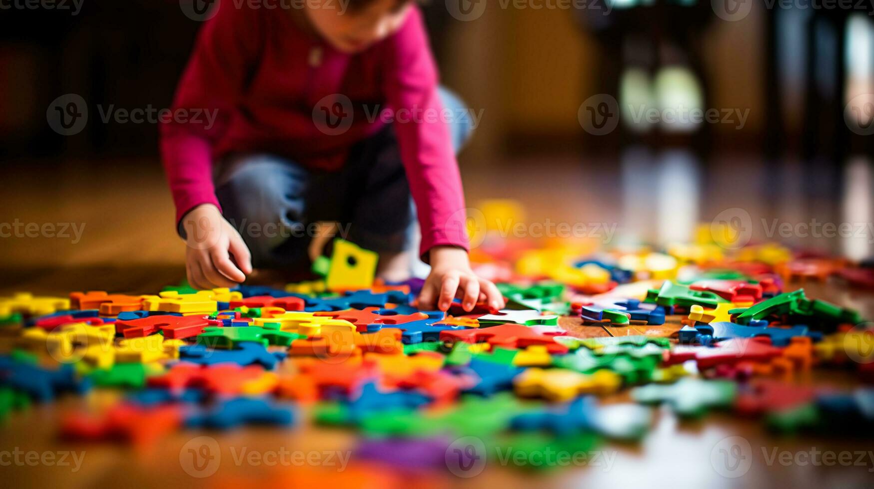 barn på de golv samlar färgrik pussel autism spektrum oordning generativ ai foto