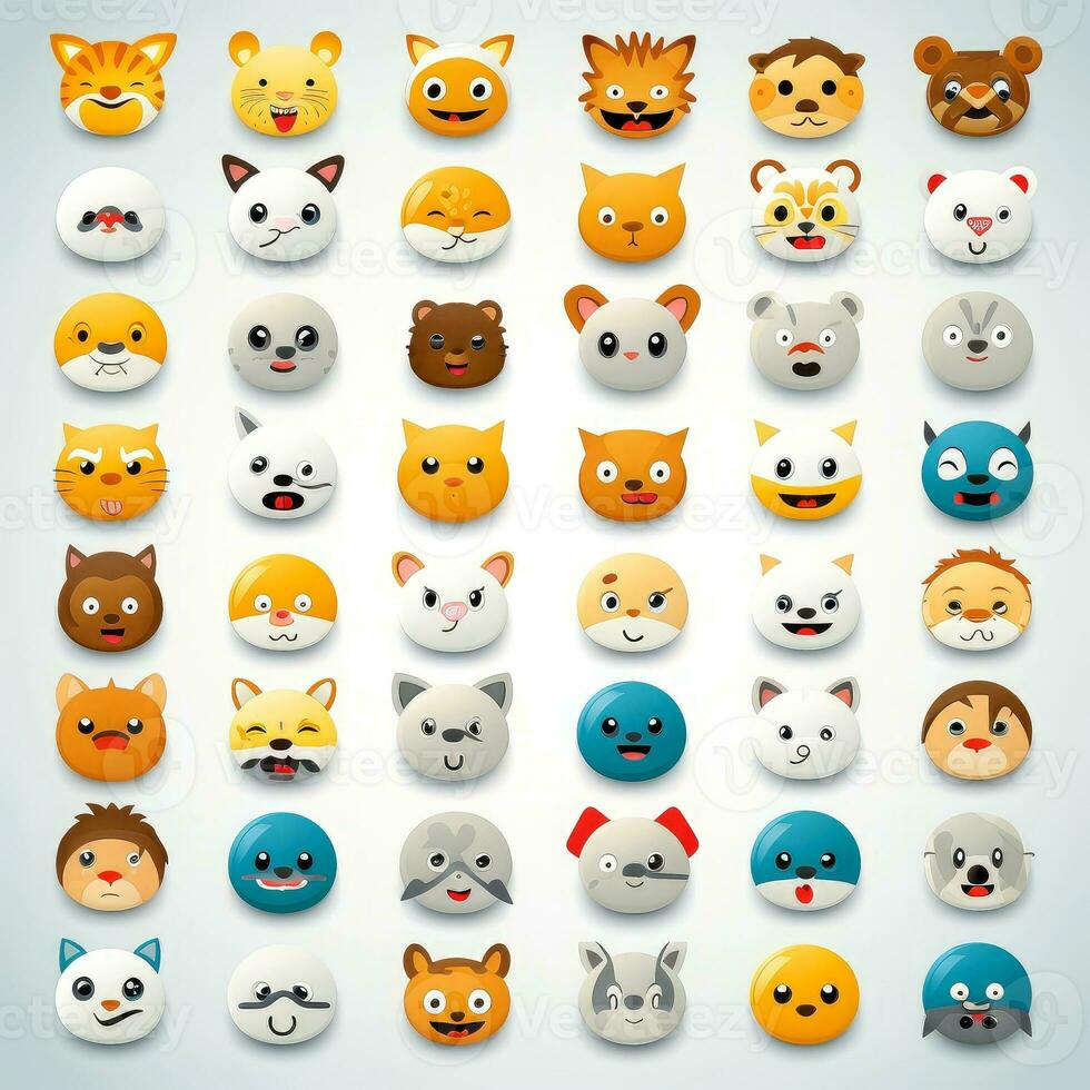 uppsättning av djur- ansikten, ansikte emojis, klistermärken, uttryckssymboler, tecknad film rolig maskot tecken ansikte uppsättning, generativ ai illustration foto