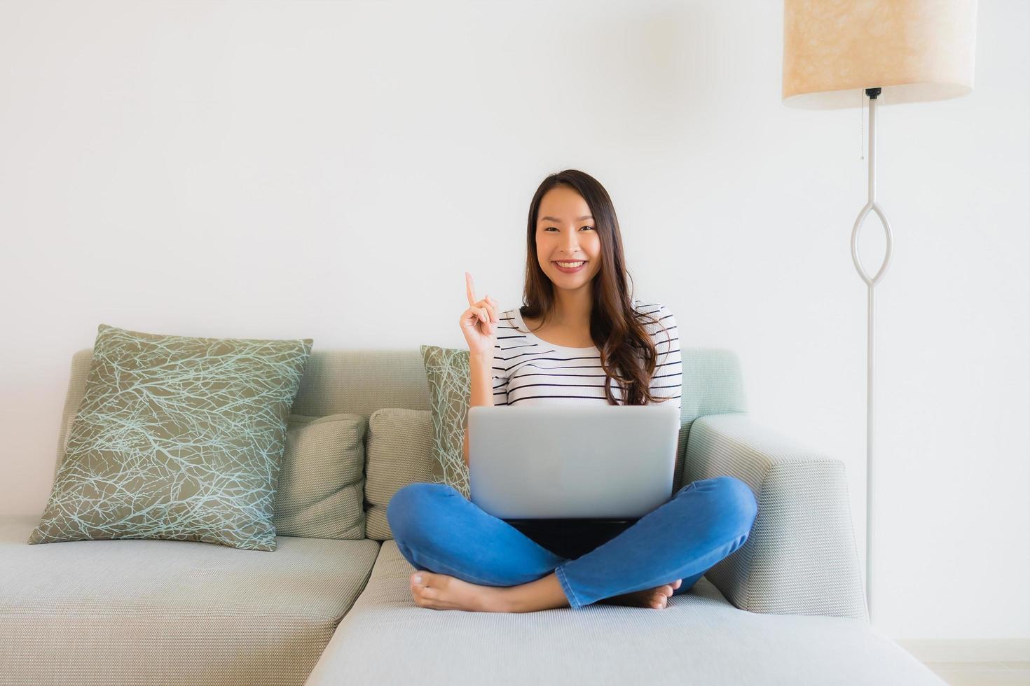 stående vackra unga asiatiska kvinnor som använder bärbar dator eller dator på soffan i vardagsrummet foto