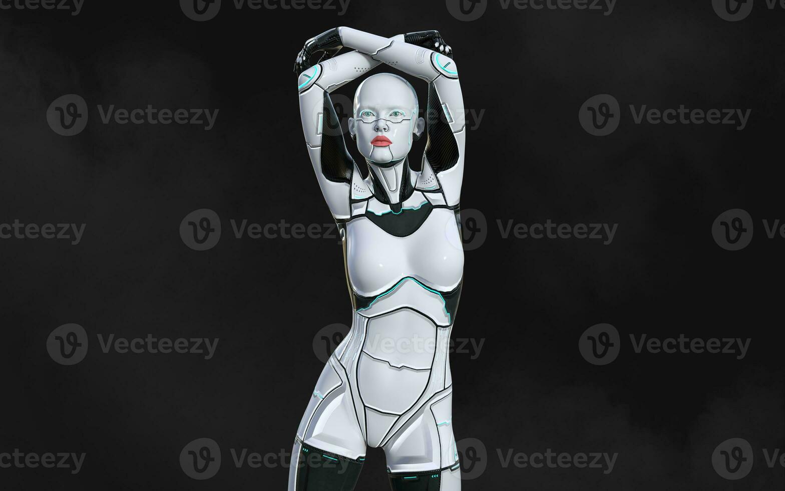 3d illustration av en kvinna ai cyborg utgör på svart bakgrund med klippning väg. ai projekt. foto